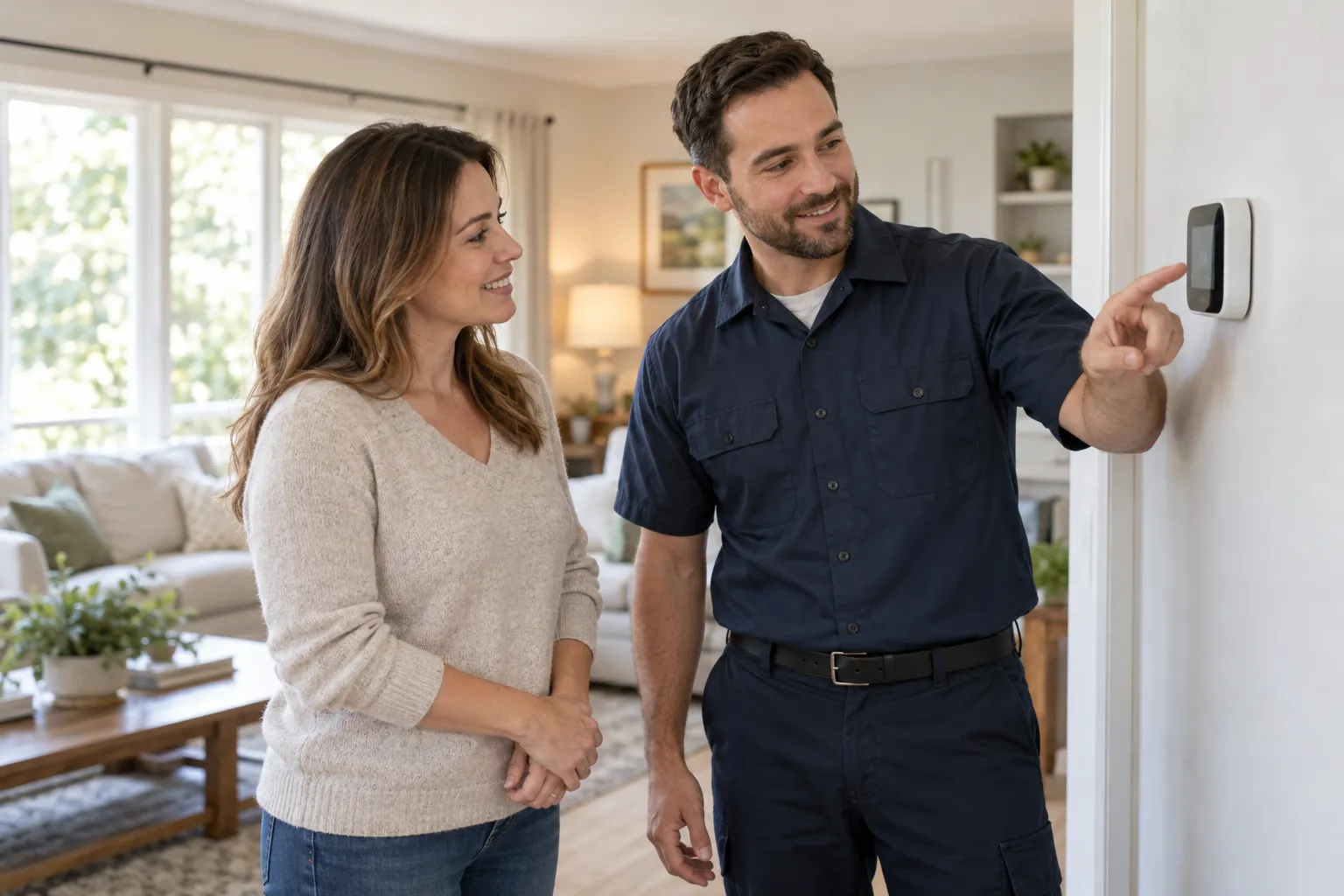 A provider checking a home thermostat in the West Palm Beach area